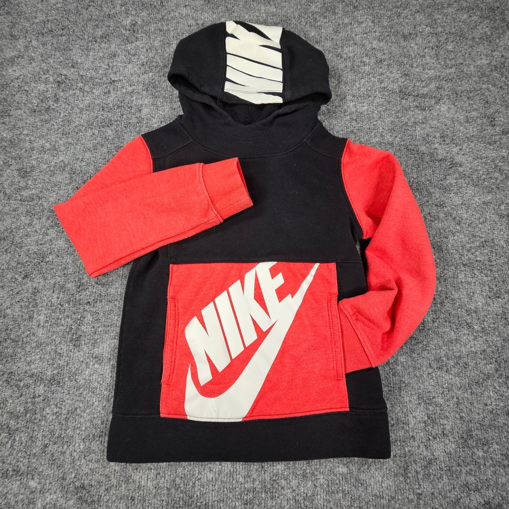 Nike Hoodie Boys Size 6 Black Red Big Logo Spell Out Hood Pullover Sweatshirt
